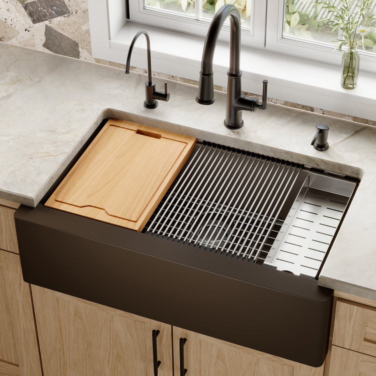34" Farmhouse Large Single Bowl Quartz Composite Workstation Kitchen Sink In Brown