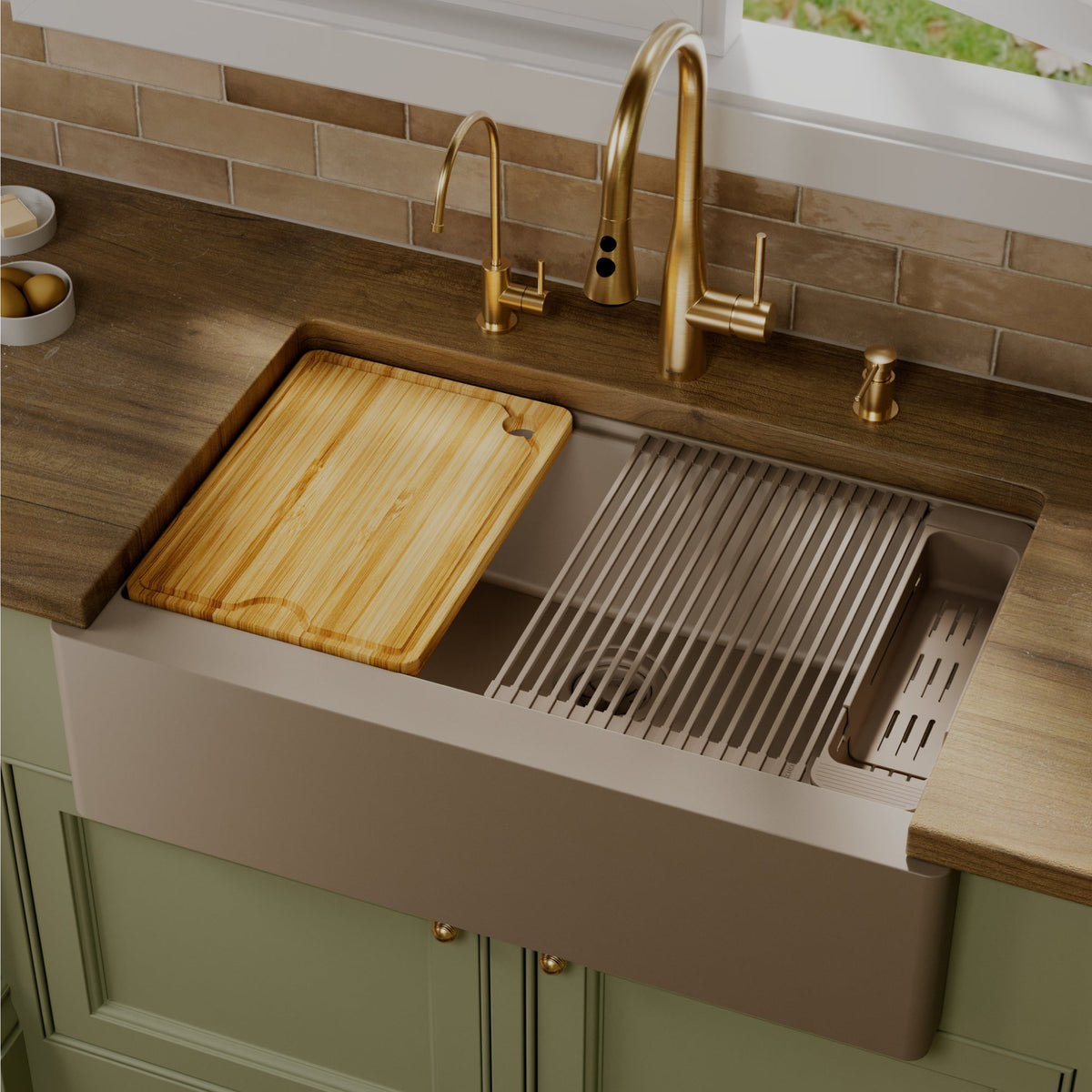 34" Deep Apron Front Single Bowl Quartz Kitchen Sink Kit In Concrete