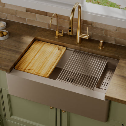 34" Deep Apron Front Single Bowl Quartz Kitchen Sink Kit In Concrete