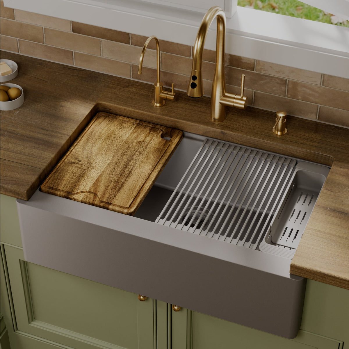 34" Deep Apron Front Single Bowl Quartz Kitchen Sink Kit In Grey