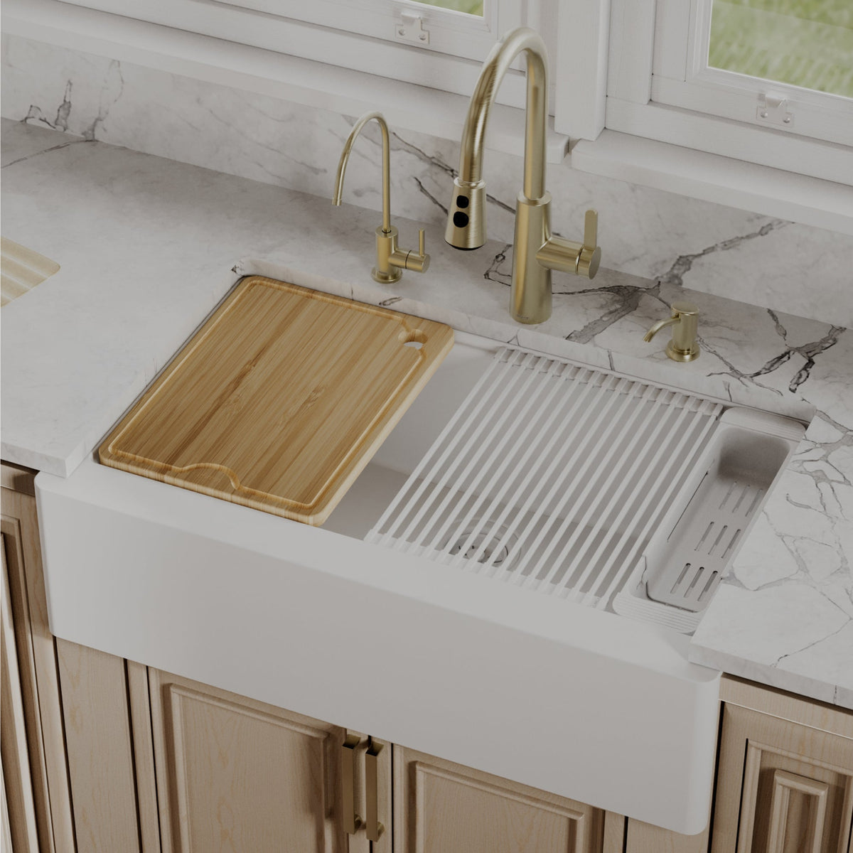 34" Deep Apron Front Single Bowl Quartz Kitchen Sink Kit In White