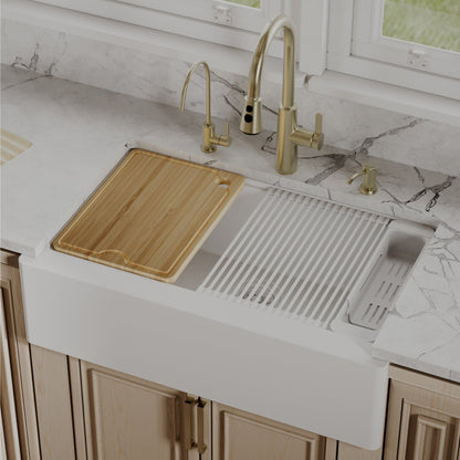34" Deep Apron Front Single Bowl Quartz Kitchen Sink Kit In White