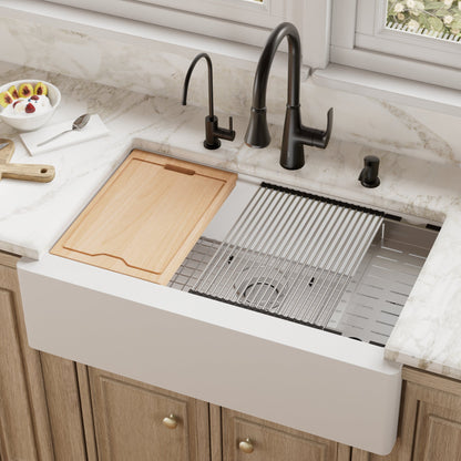 34" Farmhouse Large Single Bowl Quartz Composite Workstation Kitchen Sink In White