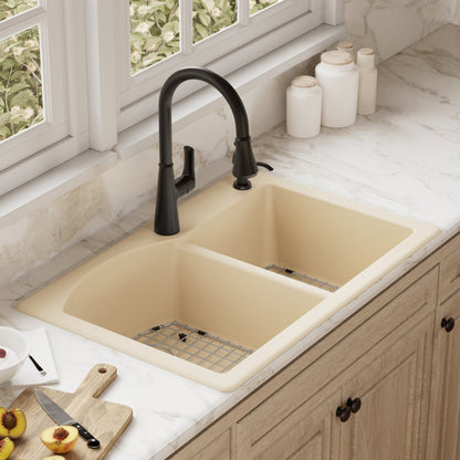 33" Top Mount Double Offset Bowl Quartz Composite Kitchen Sink Kit In Bisque