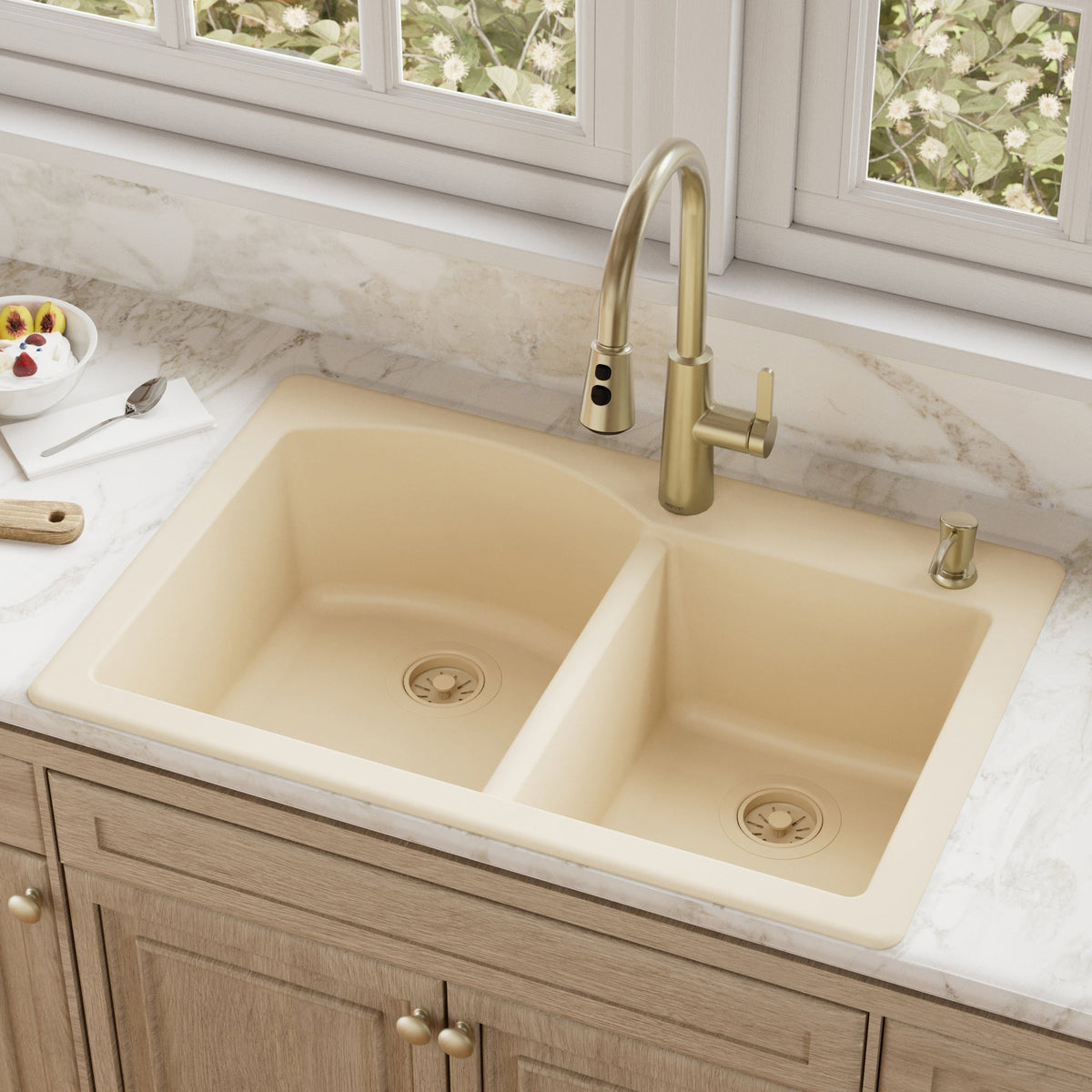 33" Top Mount Double Offset Bowl Quartz Composite Kitchen Sink In Bisque