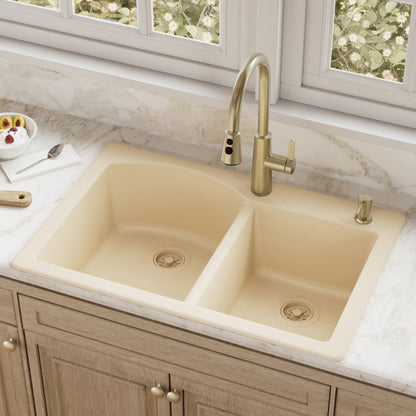 33" Top Mount Double Offset Bowl Quartz Composite Kitchen Sink In Bisque