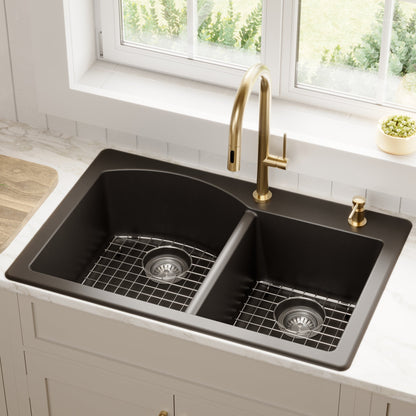 33" Top Mount Double Offset Bowl Quartz Composite Kitchen Sink Kit In Black