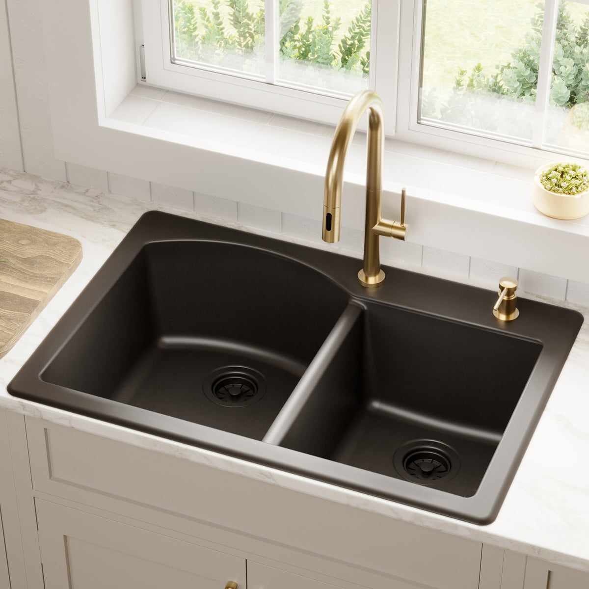 33" Top Mount Double Offset Bowl Quartz Composite Kitchen Sink In Black