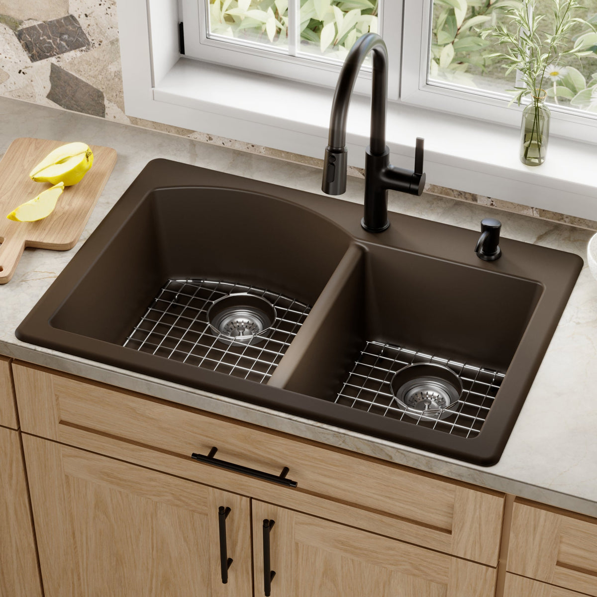 33" Top Mount Double Offset Bowl Quartz Composite Kitchen Sink Kit In Brown
