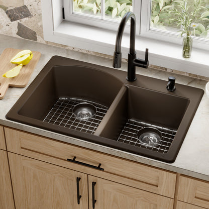 33" Top Mount Double Offset Bowl Quartz Composite Kitchen Sink Kit In Brown