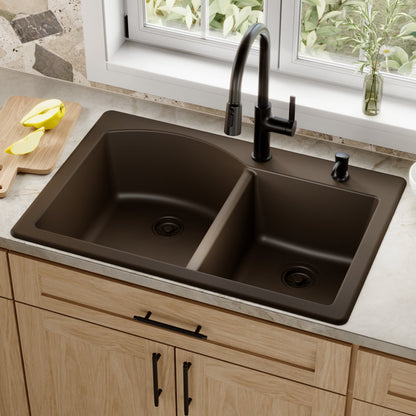 33" Top Mount Double Offset Bowl Quartz Composite Kitchen Sink In Brown