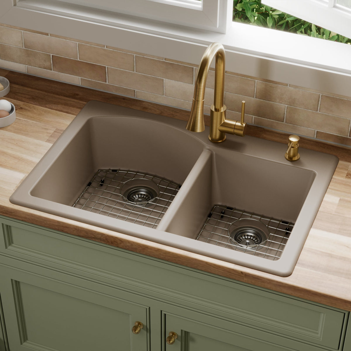 33" Top Mount Double Offset Bowl Quartz Composite Kitchen Sink Kit In Concrete