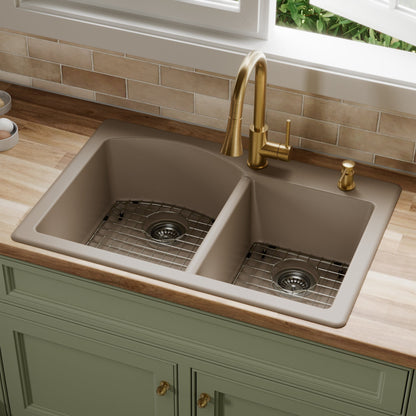33" Top Mount Double Offset Bowl Quartz Composite Kitchen Sink Kit In Concrete