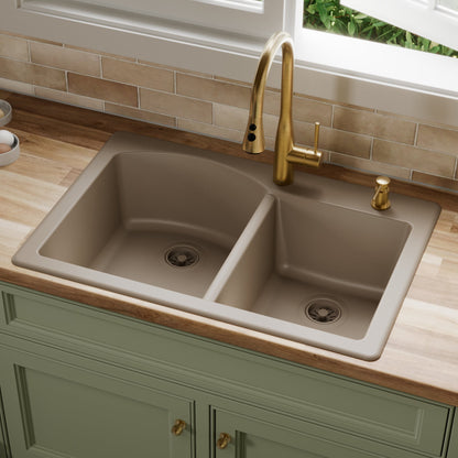 33" Top Mount Double Offset Bowl Quartz Composite Kitchen Sink In Concrete