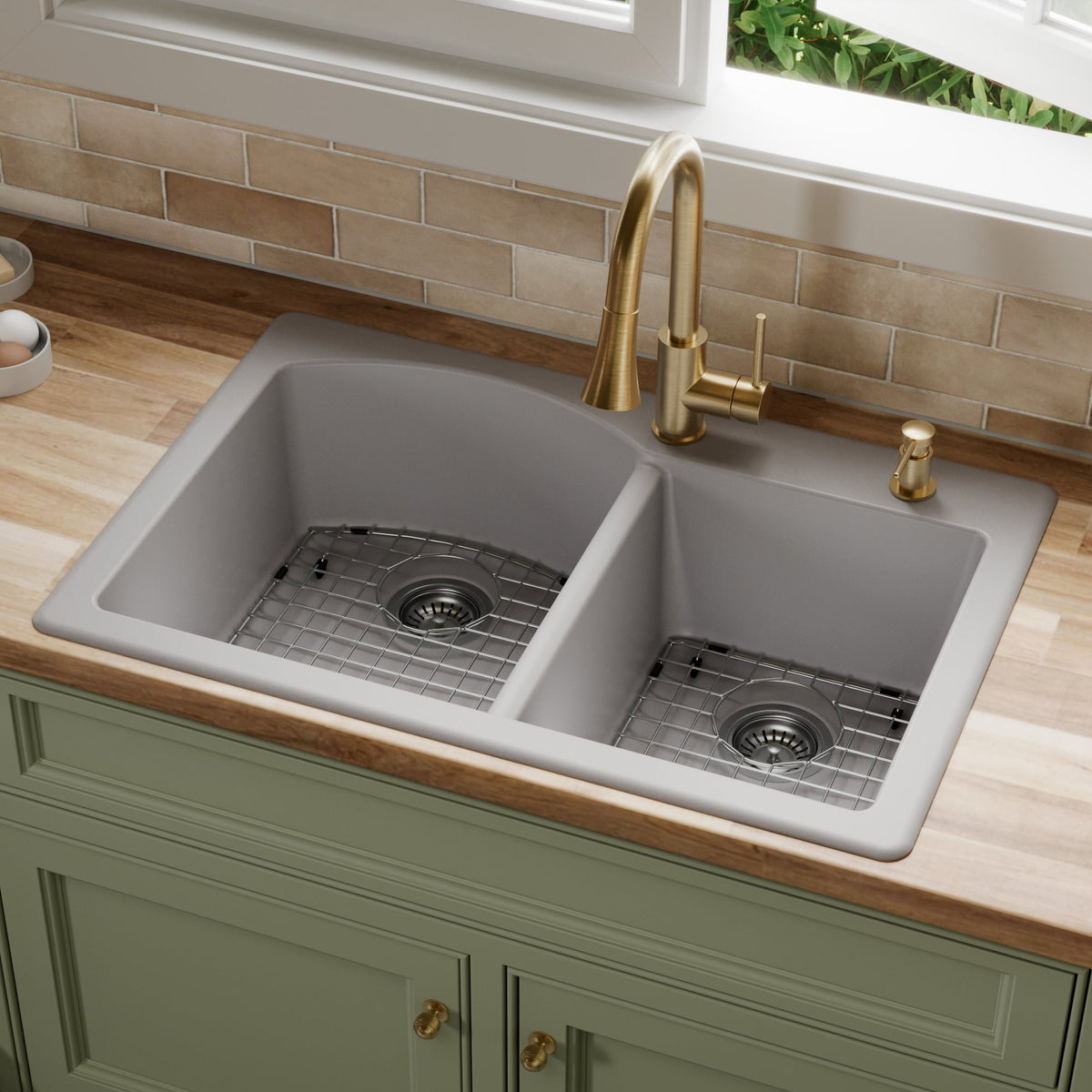 33" Top Mount Double Offset Bowl Quartz Composite Kitchen Sink Kit In Grey