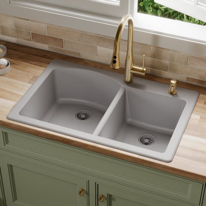 33" Top Mount Double Offset Bowl Quartz Composite Kitchen Sink In Grey