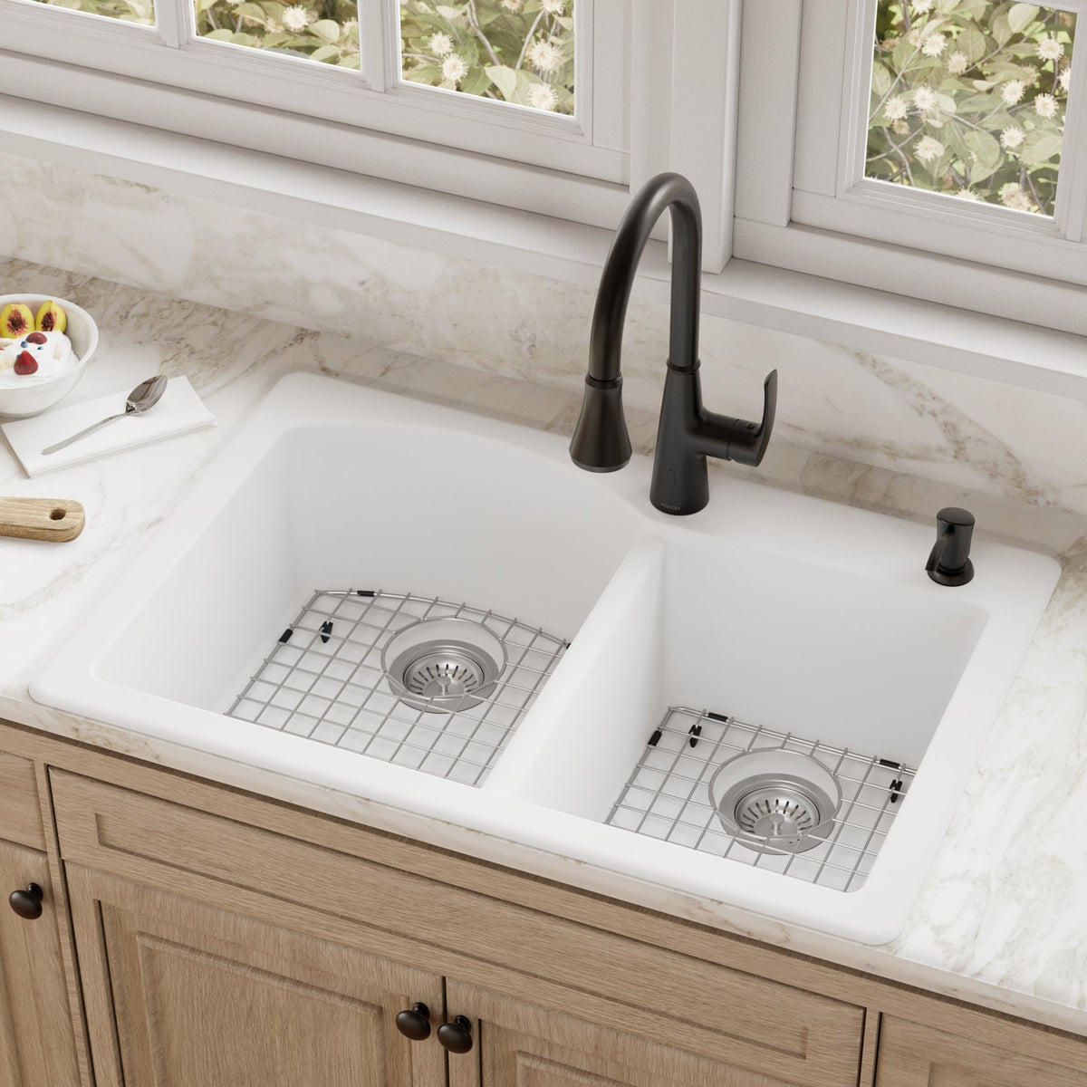 33" Top Mount Double Offset Bowl Quartz Composite Kitchen Sink Kit In White