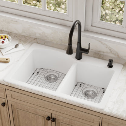 33" Top Mount Double Offset Bowl Quartz Composite Kitchen Sink Kit In White