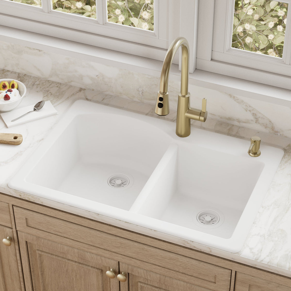 33" Top Mount Double Offset Bowl Quartz Composite Kitchen Sink In White