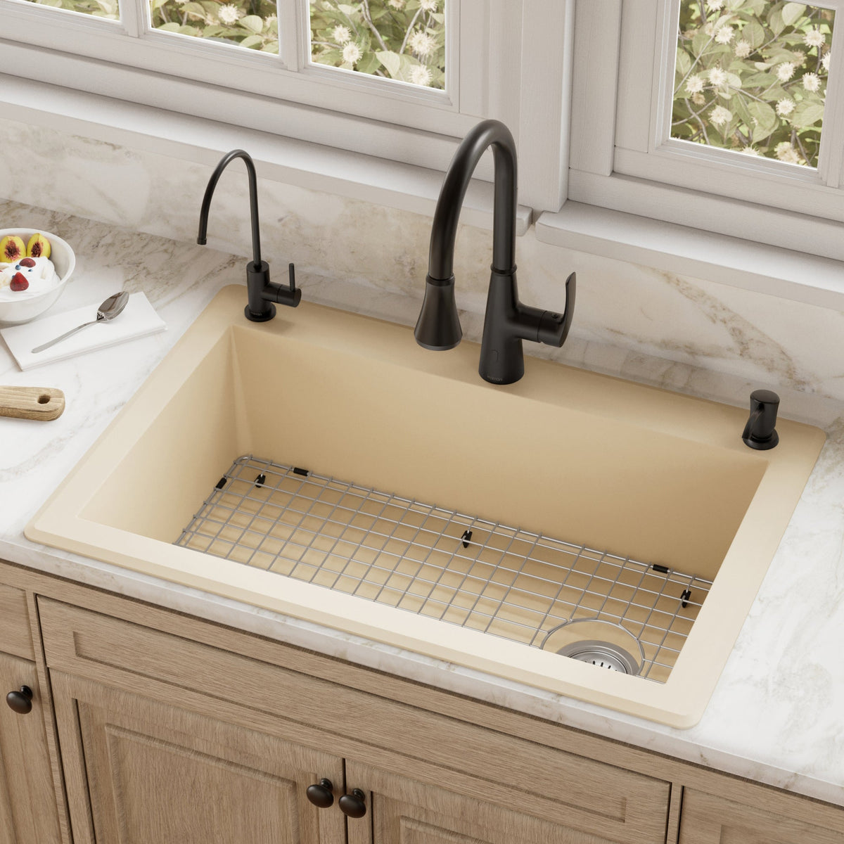 33" Top Mount Large Single Bowl Quartz Composite Kitchen Sink Kit In Bisque