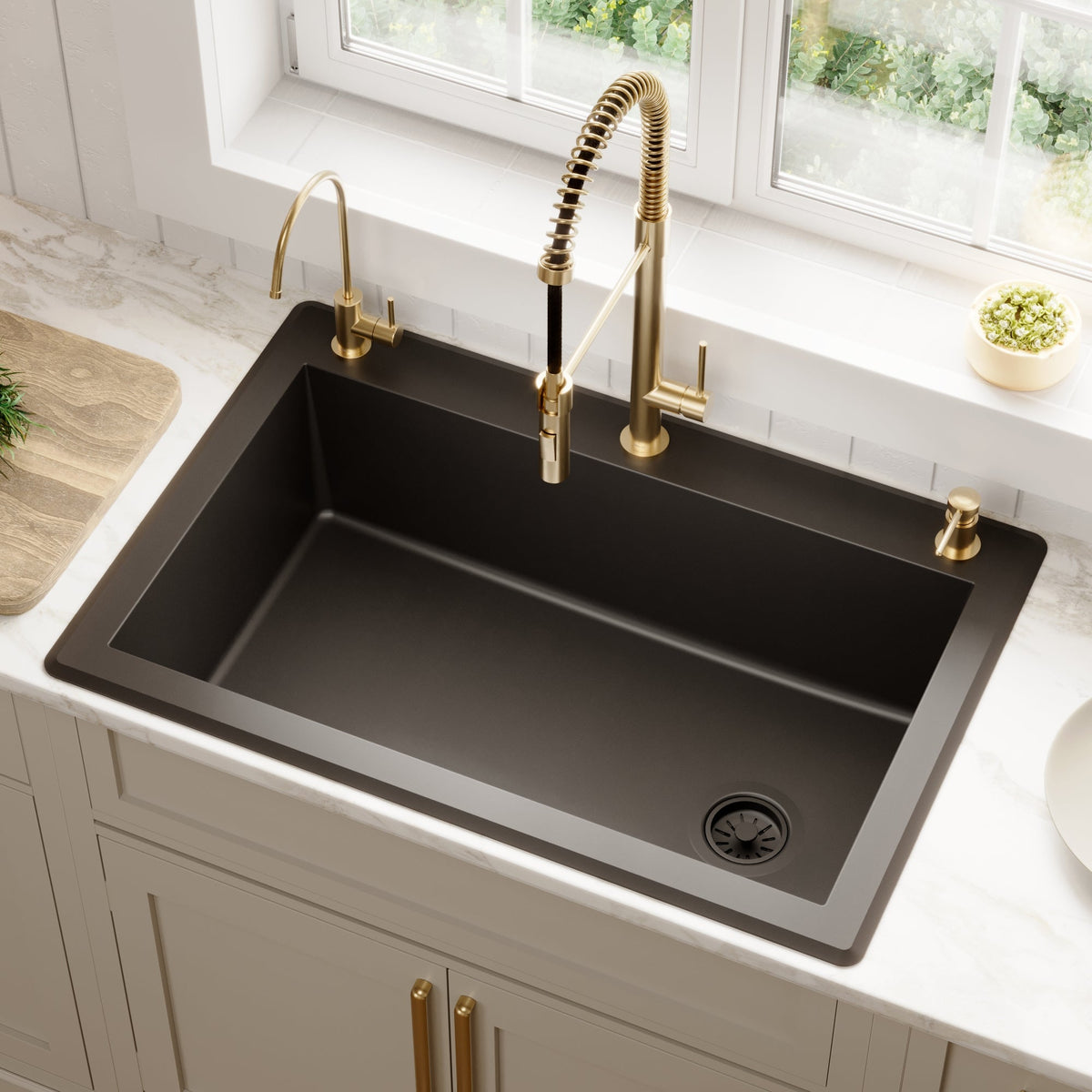 33" Top Mount Large Single Bowl Quartz Composite Kitchen Sink In Black