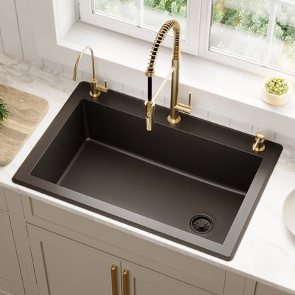 33" Top Mount Large Single Bowl Quartz Composite Kitchen Sink In Black
