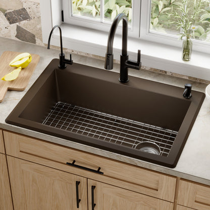 33" Top Mount Large Single Bowl Quartz Composite Kitchen Sink Kit In Brown