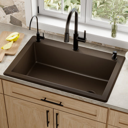 33" Top Mount Large Single Bowl Quartz Composite Kitchen Sink In Brown