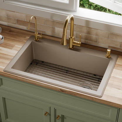 33" Top Mount Large Single Bowl Quartz Composite Kitchen Sink Kit In Concrete