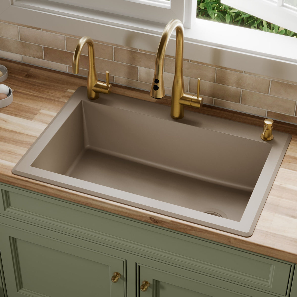 33" Top Mount Large Single Bowl Quartz Composite Kitchen Sink In Concrete