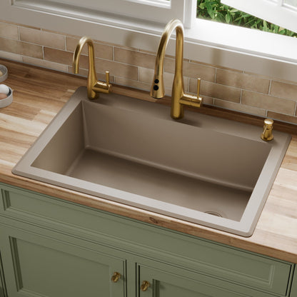 33" Top Mount Large Single Bowl Quartz Composite Kitchen Sink In Concrete