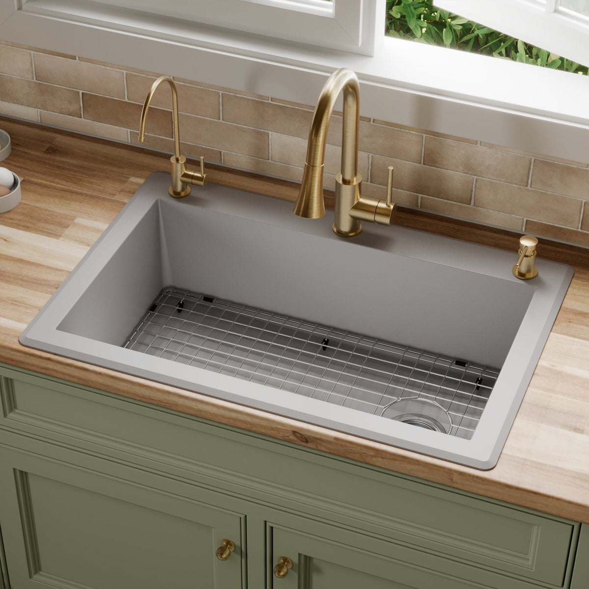 33" Top Mount Large Single Bowl Quartz Composite Kitchen Sink Kit In Grey