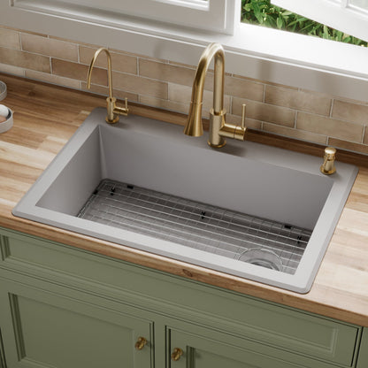 33" Top Mount Large Single Bowl Quartz Composite Kitchen Sink Kit In Grey