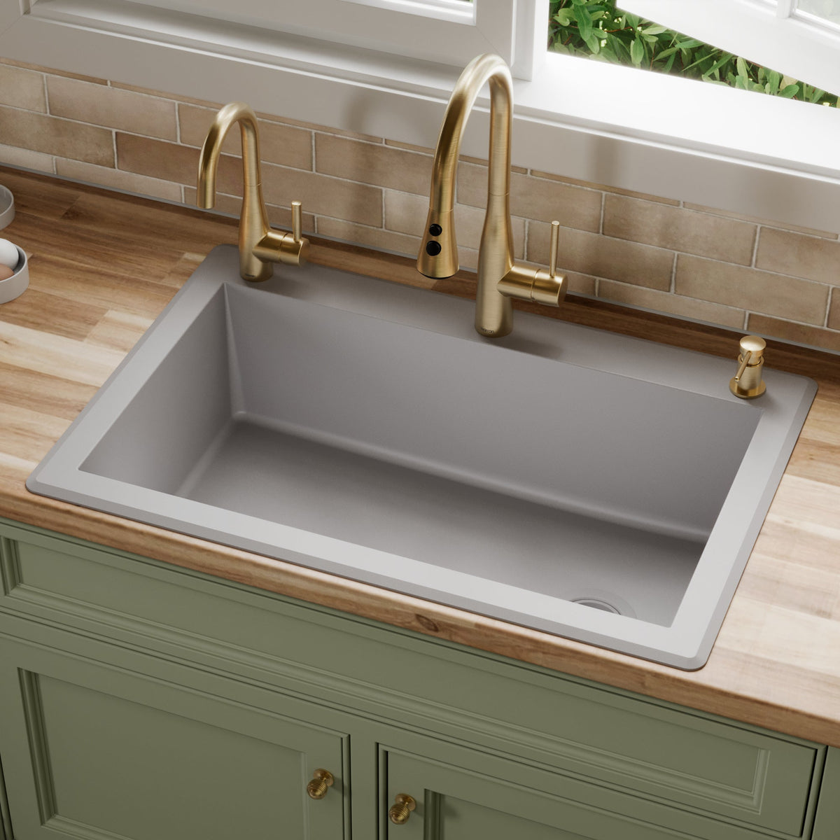 33" Top Mount Large Single Bowl Quartz Composite Kitchen Sink In Grey