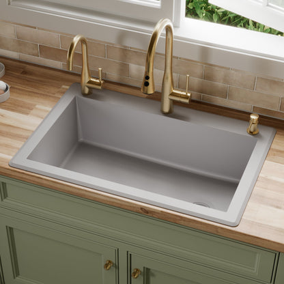 33" Top Mount Large Single Bowl Quartz Composite Kitchen Sink In Grey