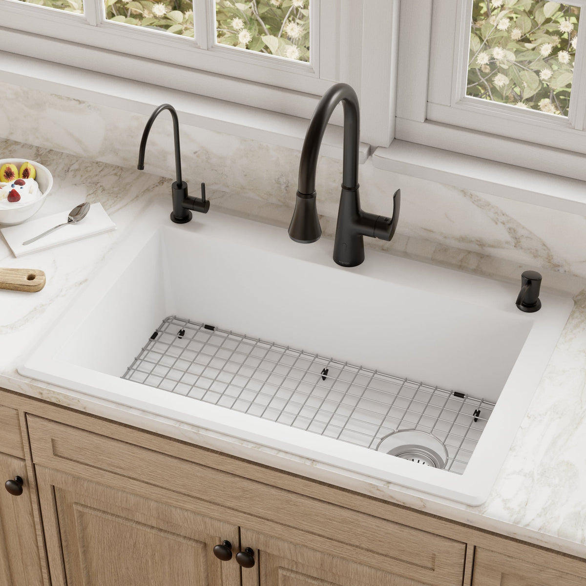 33" Top Mount Large Single Bowl Quartz Composite Kitchen Sink Kit In White