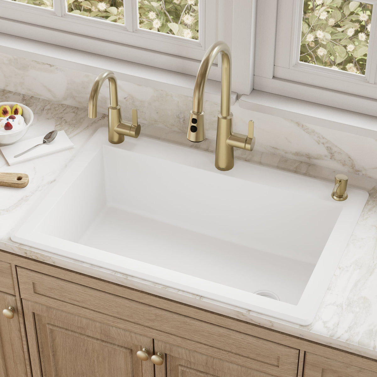 33" Top Mount Large Single Bowl Quartz Composite Kitchen Sink In White