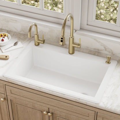 33" Top Mount Large Single Bowl Quartz Composite Kitchen Sink In White