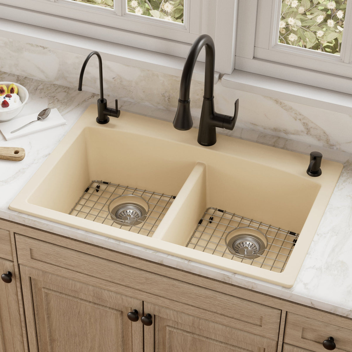 33" Top Mount Double Equal Bowl Quartz Composite Kitchen Sink Kit In Bisque