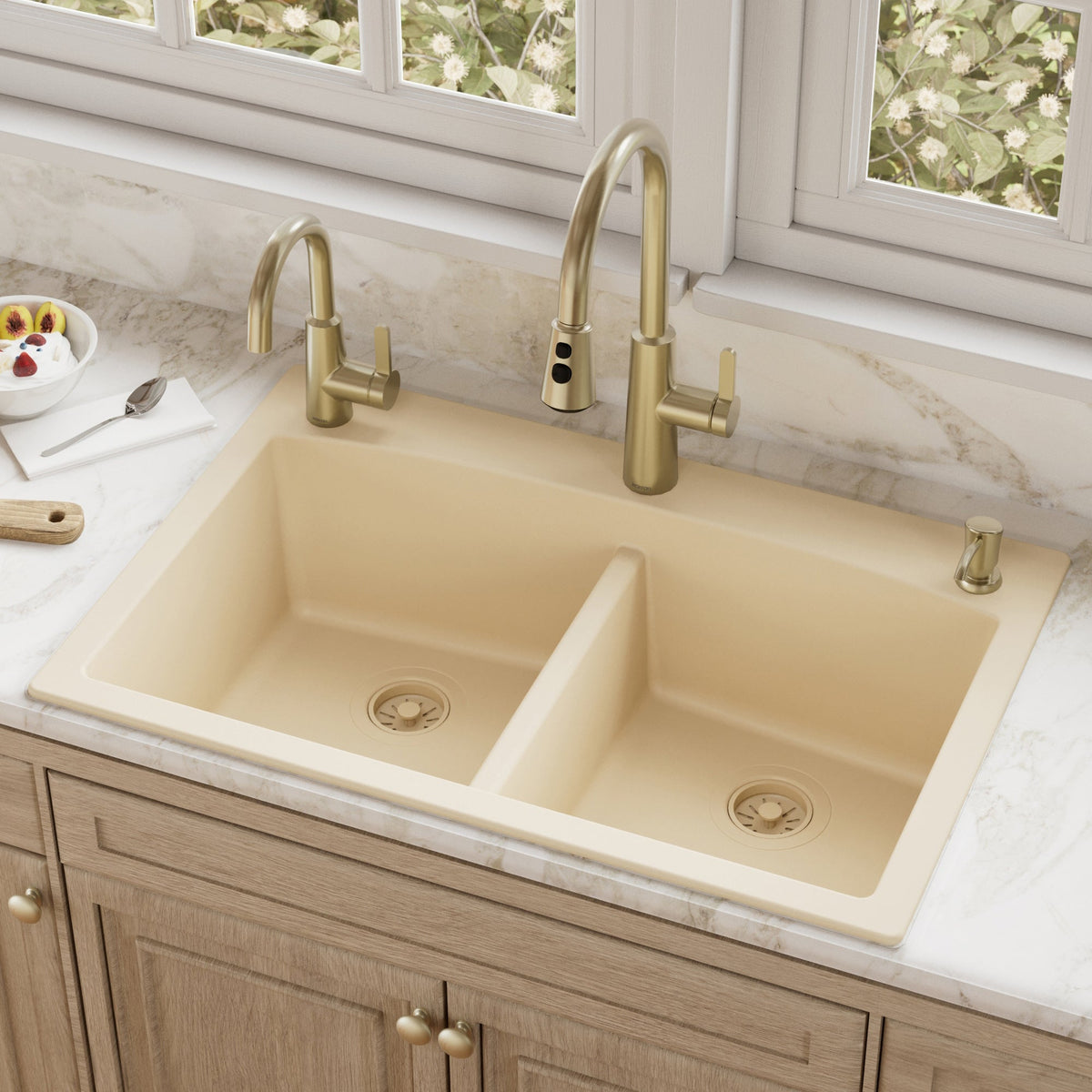 33" Top Mount Double Equal Bowl Quartz Composite Kitchen Sink In Bisque