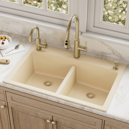 33" Top Mount Double Equal Bowl Quartz Composite Kitchen Sink In Bisque