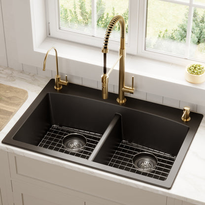 33" Top Mount Double Equal Bowl Quartz Composite Kitchen Sink Kit In Black