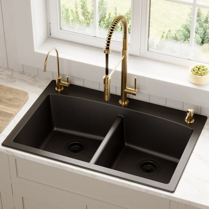 33" Top Mount Double Equal Bowl Quartz Composite Kitchen Sink In Black