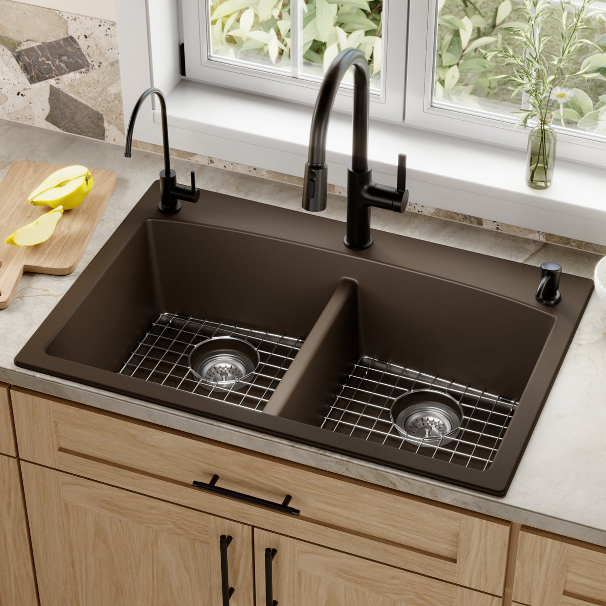 33" Top Mount Double Equal Bowl Quartz Composite Kitchen Sink Kit In Brown