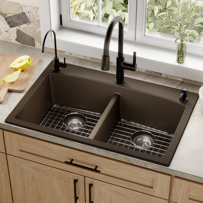 33" Top Mount Double Equal Bowl Quartz Composite Kitchen Sink Kit In Brown