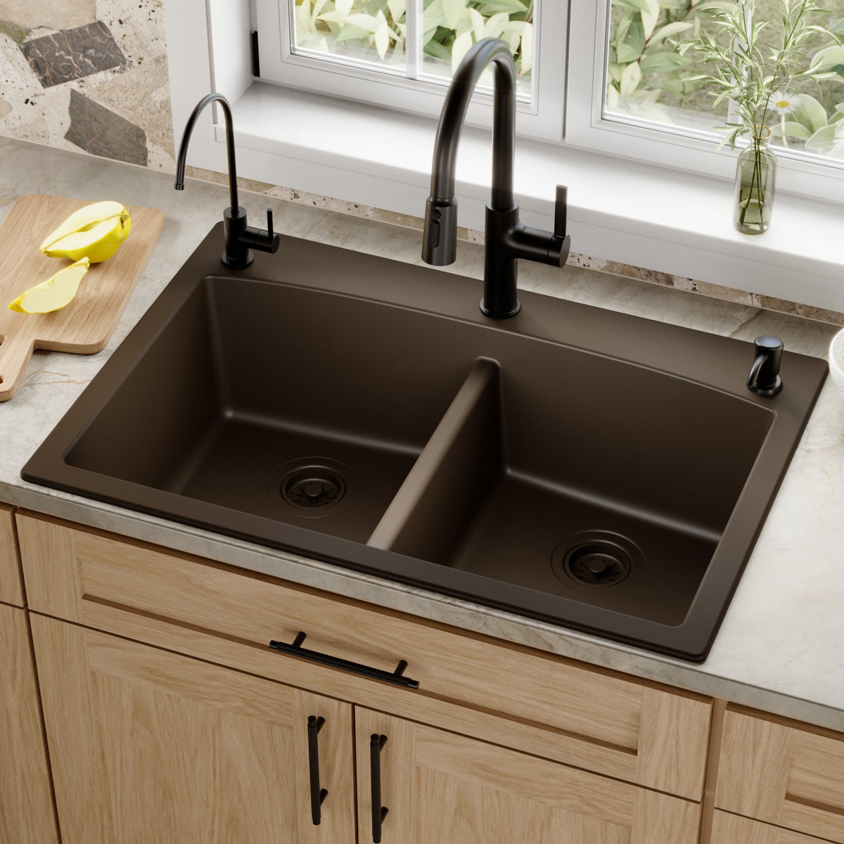 33" Top Mount Double Equal Bowl Quartz Composite Kitchen Sink In Brown