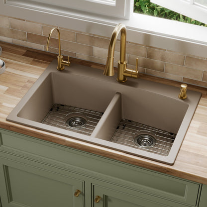 33" Top Mount Double Equal Bowl Quartz Composite Kitchen Sink Kit In Concrete