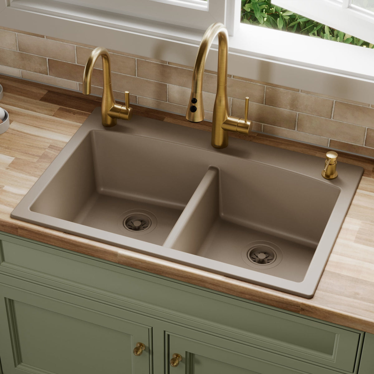 33" Top Mount Double Equal Bowl Quartz Composite Kitchen Sink In Concrete