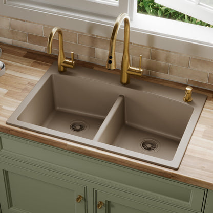 33" Top Mount Double Equal Bowl Quartz Composite Kitchen Sink In Concrete