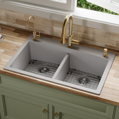 33" Top Mount Double Equal Bowl Quartz Composite Kitchen Sink Kit In Grey